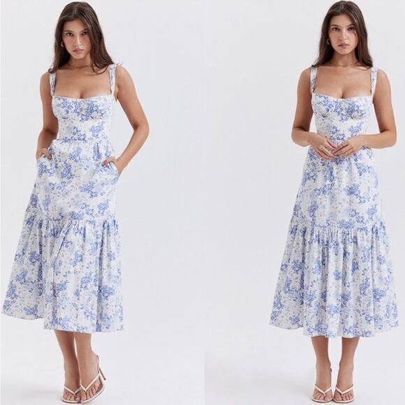 HOUSE OF CB 'Elia' Blue Print Midi Sundress NWT - Picture 3 of 9